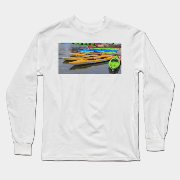 Tied up Kayaks on water Long Sleeve T-Shirt by josefpittner